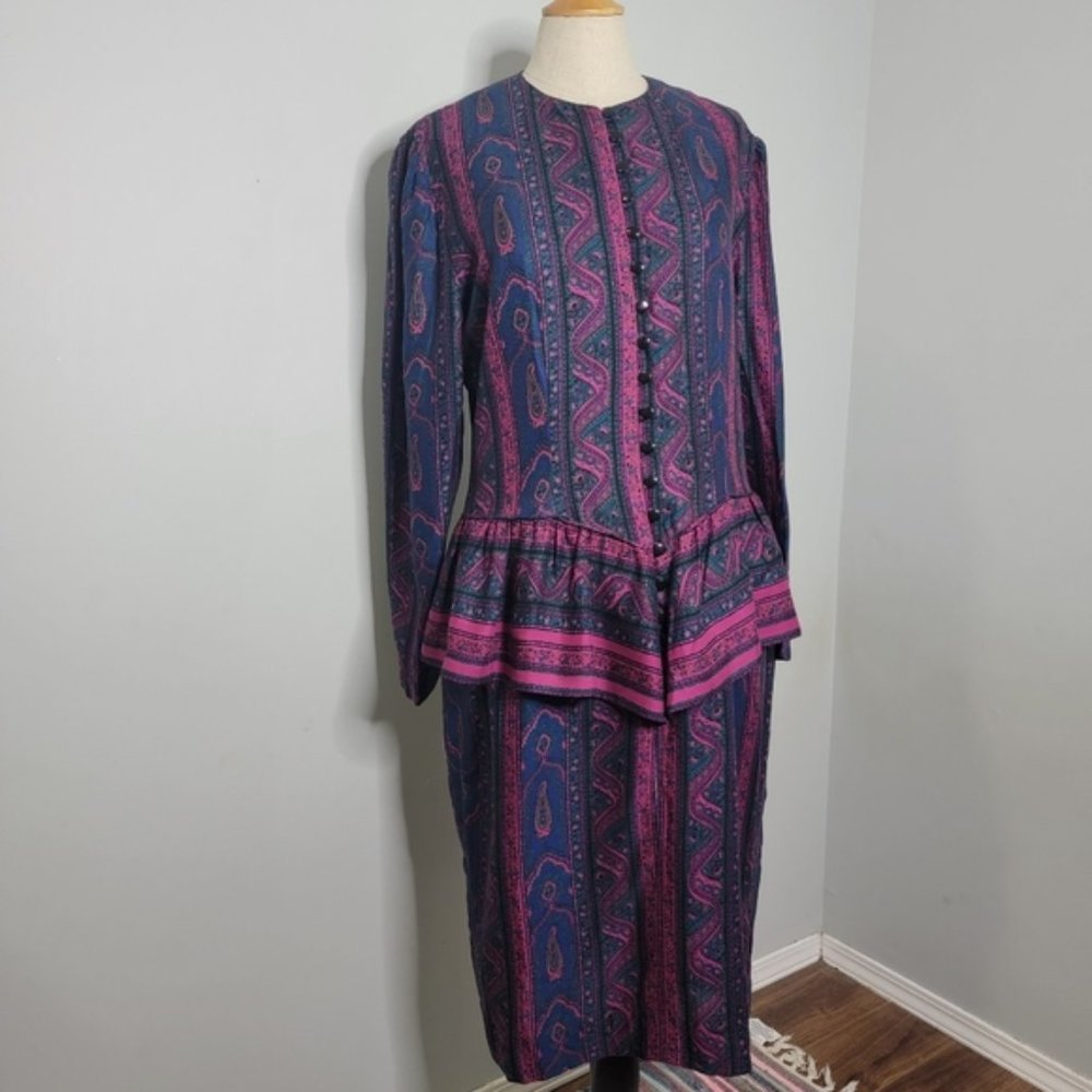 Vintage 80s Joan Sparks for Daniel Barret 12 Button Down Sheath Peplum Dress